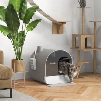 Pawhut Cat Litter Box With Lid, Covered Litter Box For Indoor Cats With Tray, Scoop, Filter, 17" X 17" X 18.5", Light Gray