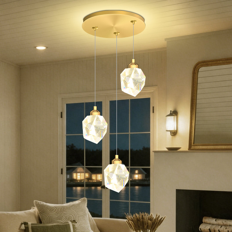 Lustre à 3 lumières en cristal doré, suspension en cristal effet goutte de pluie, éclairage pour îlot de cuisine, hall d'entrée, couloir ou salle à manger