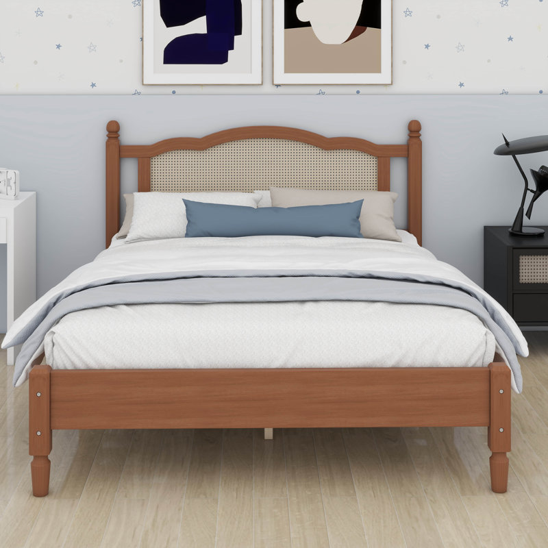 Lit plateforme en bois avec tête de lit en rotin naturel, lit plateforme avec support en lattes de bois, cadre de lit en rotin rétro