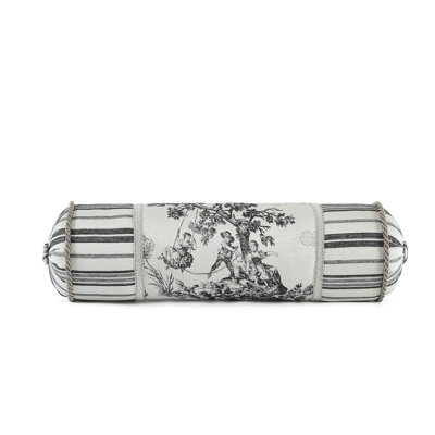 Austin Horn Classics Cosmopolitan Toile Neckroll Bolster 24” (End To End) From Main And Stripe Fabric, With Cording, Gimp, And Button Ends. Polyester Fibre Filled.