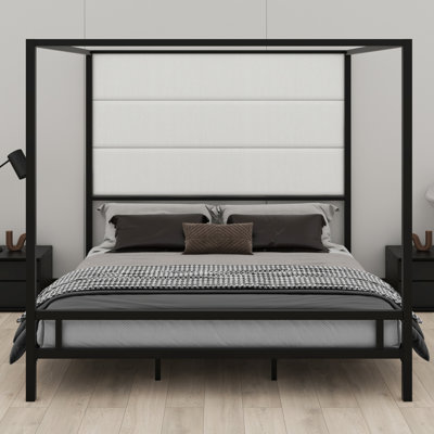 Canopy Platform Bed With Tall Linen Fabric Upholstered Headboard, Metal 4-Poster Canopy Bed Frame, Box Spring Needed