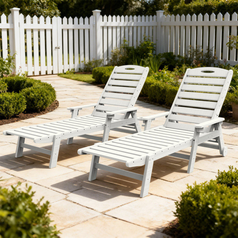 2-Piece All-Weather HDPE Wood Look Outdoor Chaise Lounge with Wheels, Cup Holder & 5-Position Adjustable Backrest, White