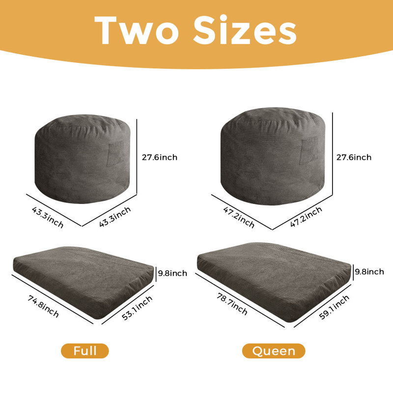Corduroy Bean Bag Chair & Lounger, Dark Gray Corduroy, 27.6 H x 43.3 x 43.3