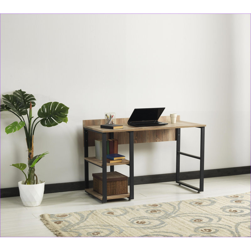 Desks, Industrial 58” Oak Top Computer Desk with 2 Shelves &amp; Black Metal Frame | Black | Solid Wood