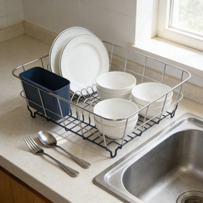 Compact Sink-Fitting Dish Drying Rack Set With Removable Cutlery Holder, Space-Saving Kitchen Organizer For Plates, Cups, Bowls And Utensils