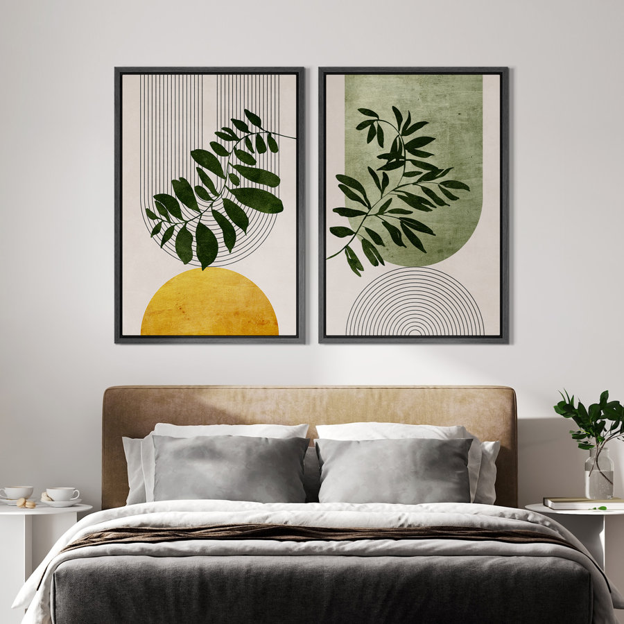 Mid Century Modern Boho Green Yellow Bright Plant Art Framed Canvas 2 Pieces Print  Wall Art Set