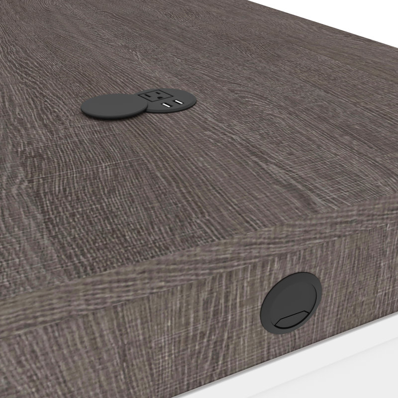 L-Shaped Executive Desk with Power Outlet, Dark Gray/White