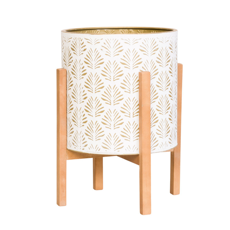 White and Gold Metal Planter Pot with Wooden Base