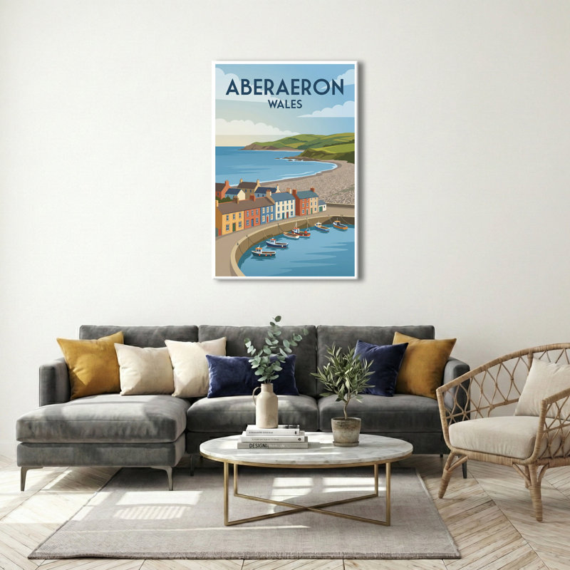 Aberaeron, Wales - Romantic Coastal Travel Poster Of Colourful Harbour And Rolling Hills. Giclee Print On Wrapped Canvas. Wall Art, Home Decor - Cities & Towns, Wales - Wrapped Canvas Print