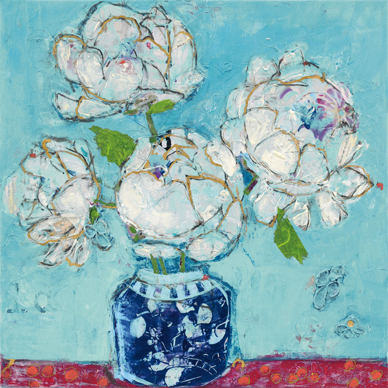 Vase Of Peonies Aqua - Wrapped Canvas Painting, 30cm H x 30cm W x 3.8cm D