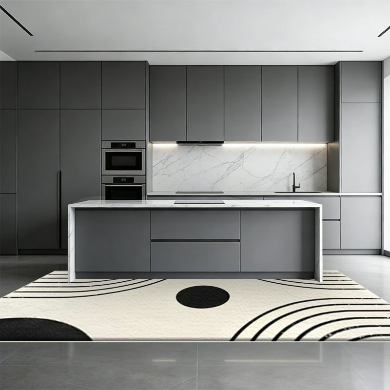 Modern washable living room and bedroom area carpet - large abstract black and white carpet, anti slip thin home decoration, curved