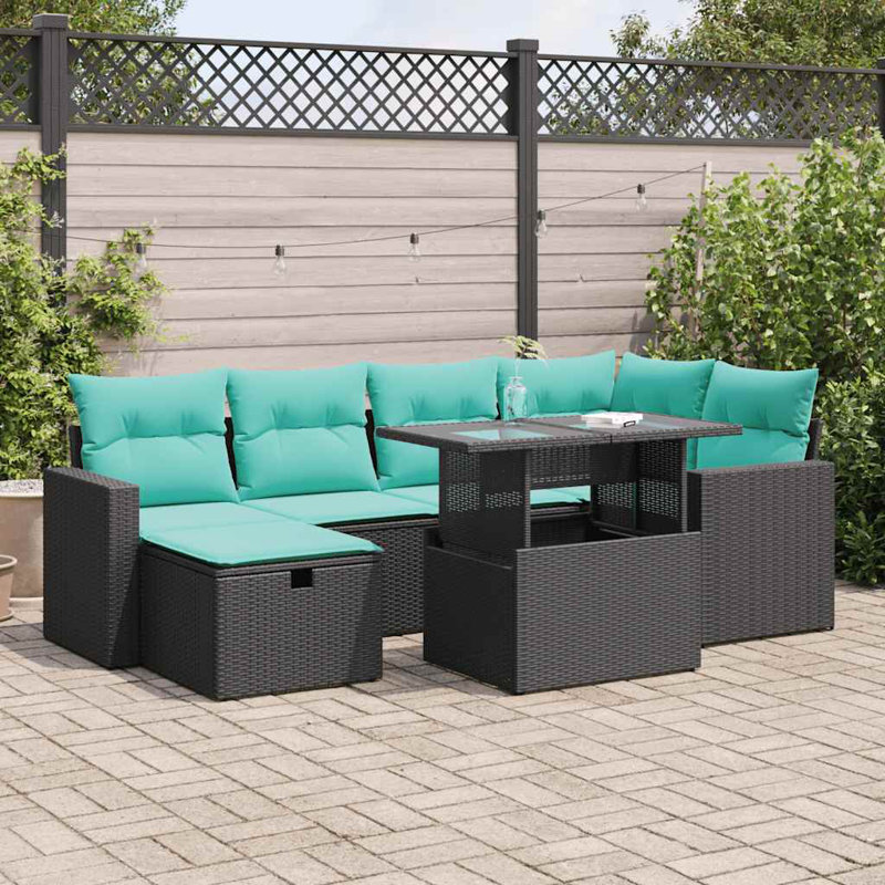  Ensemble de canapé de patio 7 pièces avec coussins en rotin polyacacia, Vert, Gris