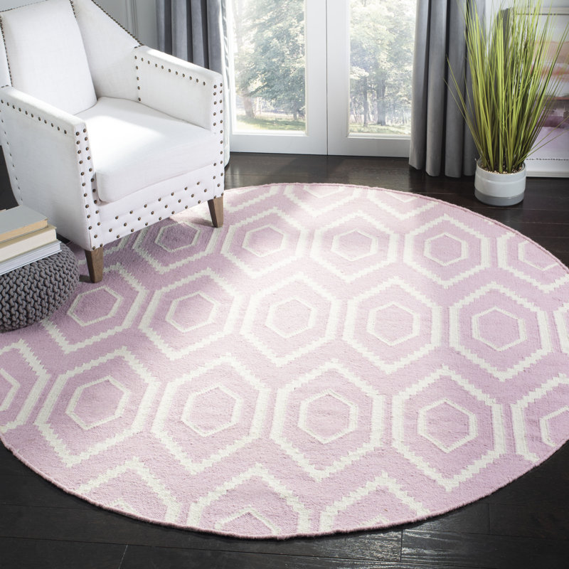 Waukena Hand Woven Flat Weave Wool/Cotton Geometric Rug in Pink/Ivory, Rectangle 3' x 5'