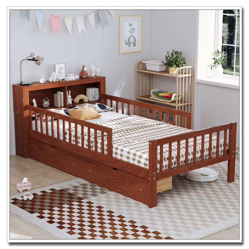 Lit simple avec support de rangement pour tête de lit, 2 tiroirs et 3 garde-corps latéraux, noyer, Walnut