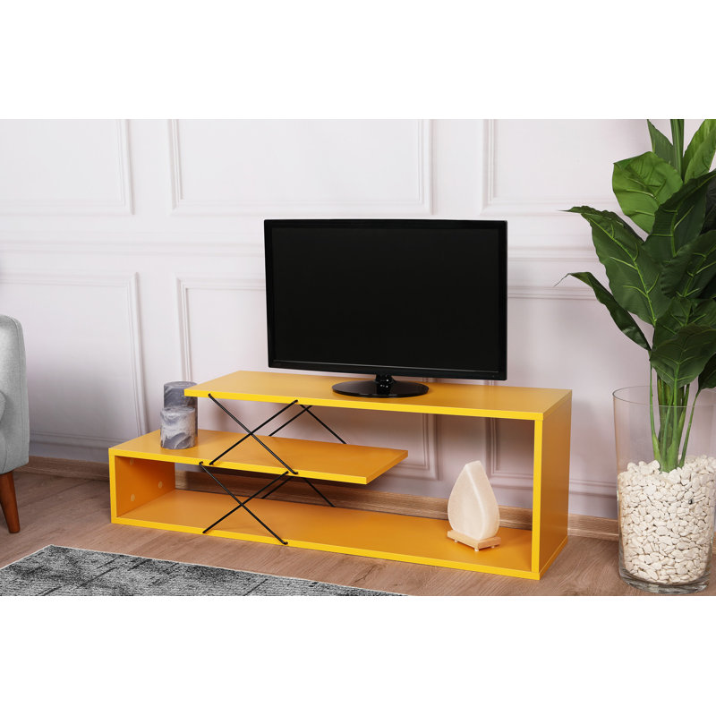 Meuble télé moderne jaune avec plusieurs tablettes, 47,2 po x 15,7 po x 15,7 po | 100% panneau de particules enduit de mélamine, 0,7 po d'épaisseur | Peut supporter jusqu'à 66,1 lb | Conception élégante et fonctionnelle pour le salon ou l'espace de divertissement