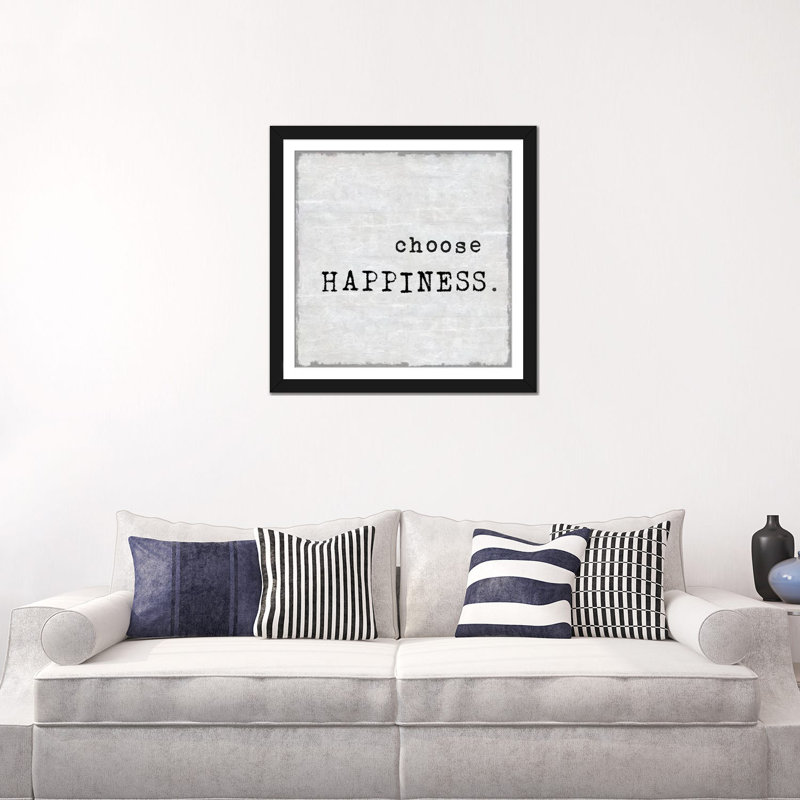 «Choisir le bonheur», art textuel sur toile, Papier beaux-arts encadré noir, Blanc, H 24 po x l 24 po x P 1 po