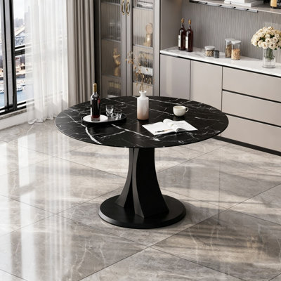 Modern Round Glass Dining Table with Black Pedestal Base