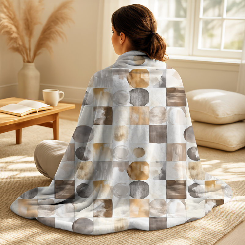 Courtepointe beige et brun à mélange neutre - Patchwork doux, jeté en peluche