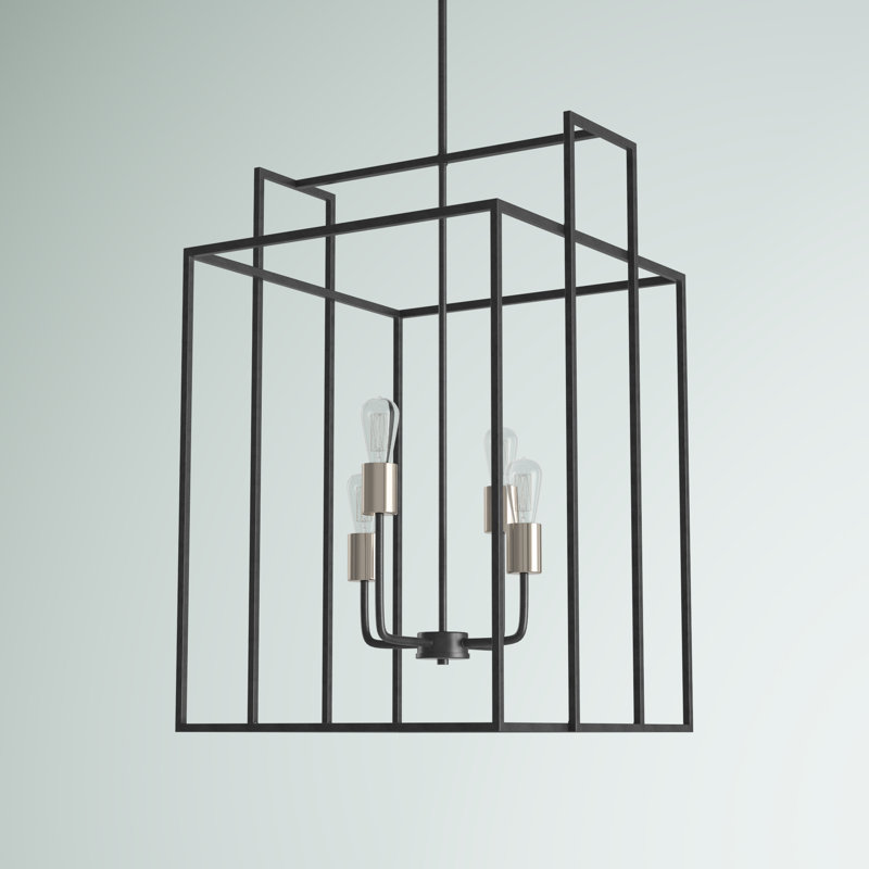 Lustre rectangulaire unique à 4 lumières Larchmont, Fer noir / Nickel brossé
