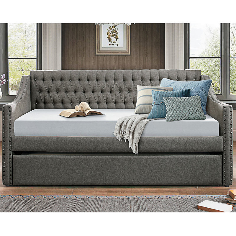 Modern Style Design Upholstered Sofa Bed With Trundle, Button-Tufted Detail Nailhead Trim Day Bed, Dark Gray