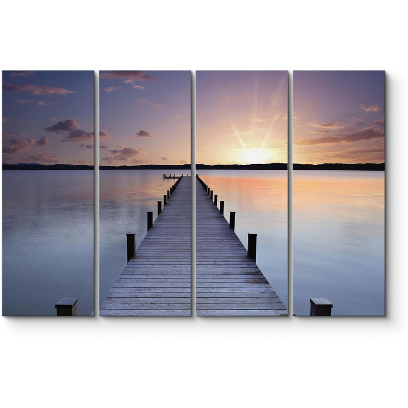 «Pier Extends In Calm Sunset Ocean Nature», reproduction sur toile 4 pièces