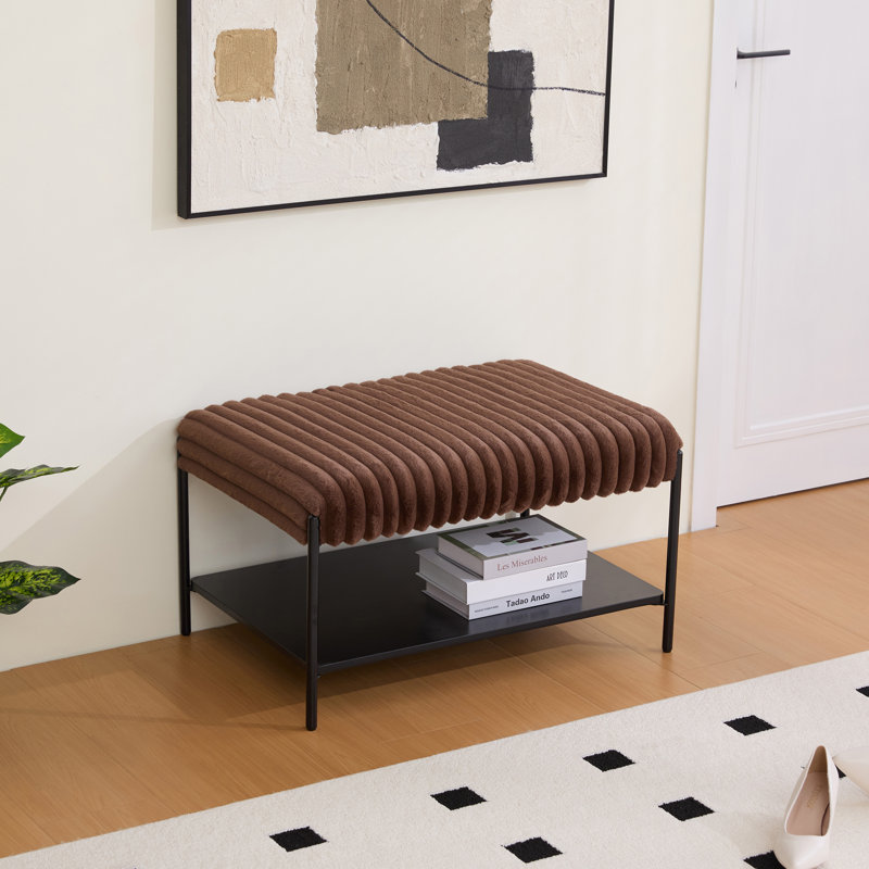 Upholstered Ottoman With Storage Shelf, Brown