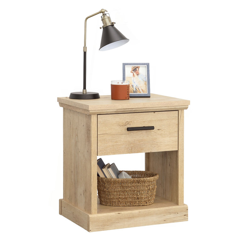 Light Brown Oak Rectangular Bedside Table, 22.99"x18.50"x26.02", Farmhouse Style with Smooth Drawer & Open Shelf, Multi-use Home Furniture