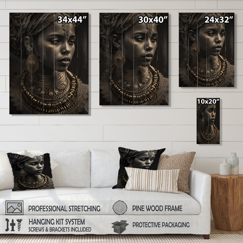 Reine afro-américaine avec bijoux traditionnels VII - reproduction de femme sur bois, H 40 po x l 30 po x P 0,78 po