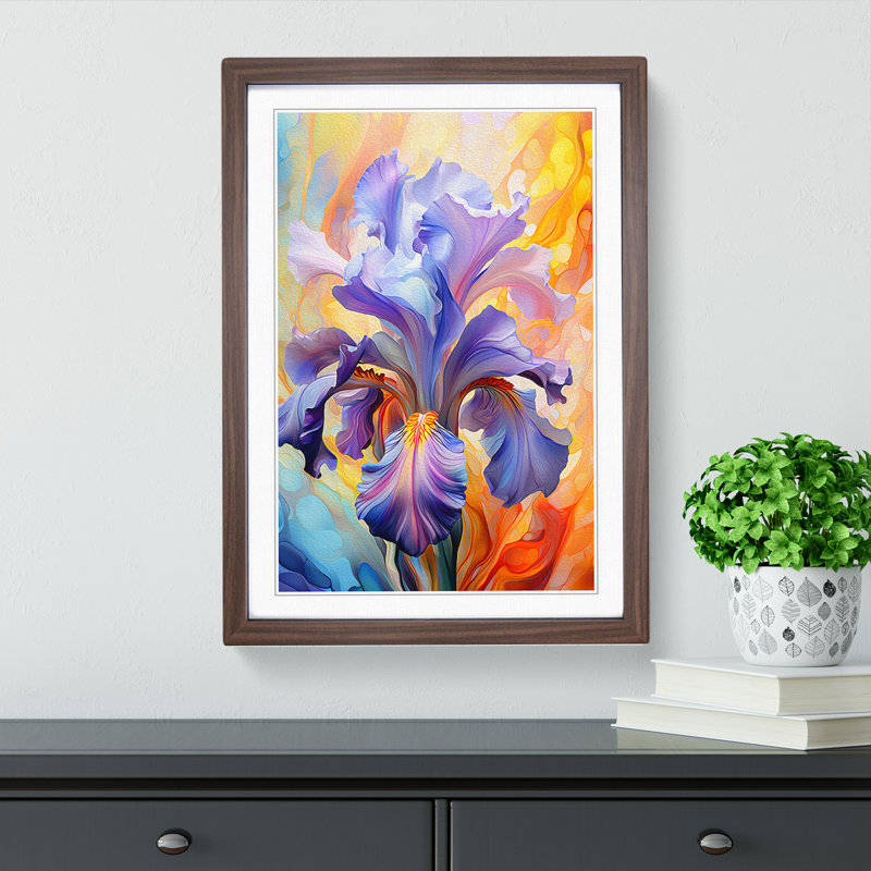 Iris Flower Futurism No.3 - Single Picture Frame Print on Wood, Walnut Framed, 64cm H x 46cm W x 2cm D