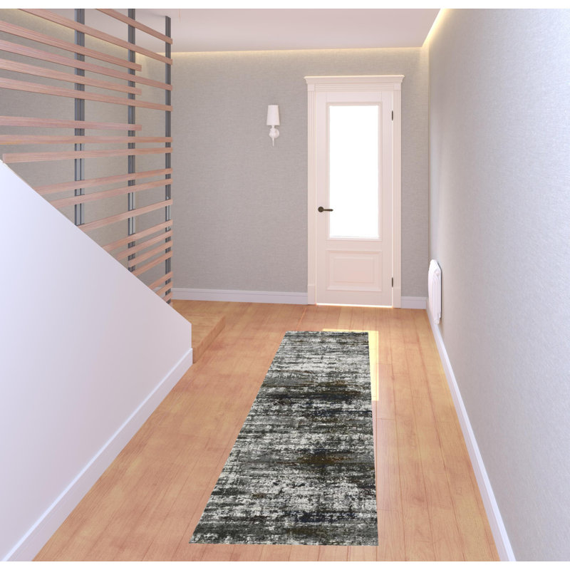 Tapis gris abstrait en polyester tissé à la machine, Tapis de couloir 2 pi 3 po x 7 pi 6 po