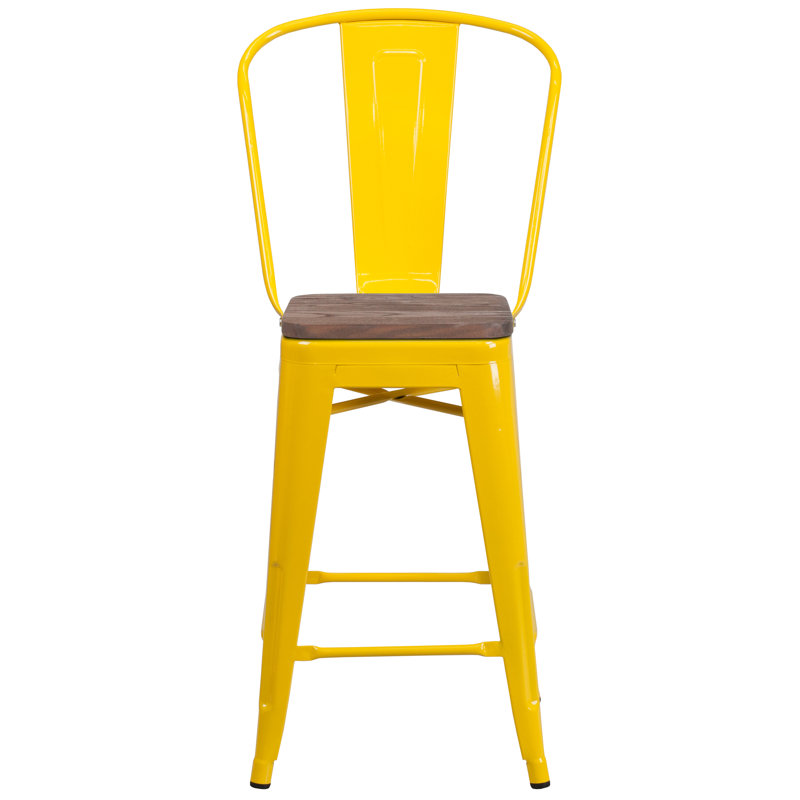 Tabouret de bar ou de comptoir en métal Marian avec dossier et siège en bois Marian, Jaune, 1