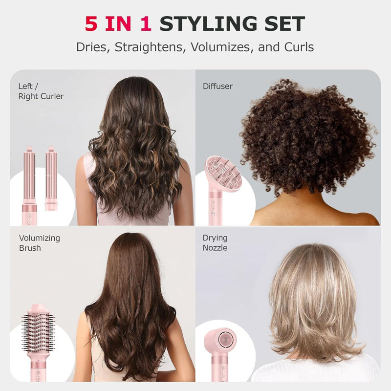 5 in 1 Hot Air Styler Fast Drying Styling Auto Wrap Curlers Diffuser Attachment Smart Temp Control Ionic Lightweight Travel Gift For All Hair Types