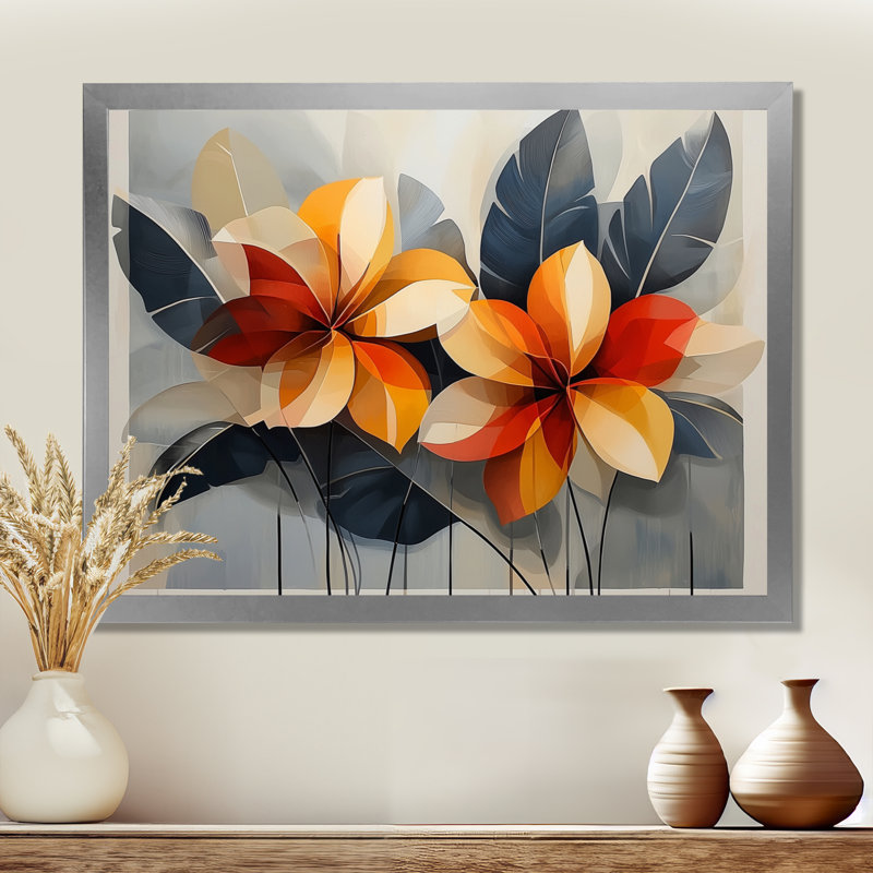 Chuk Summer Hibisuc In A Geometric Symphony I - art mural hibiscus, H 34 po x l 44 po, Picture Framed Print, Argent argent