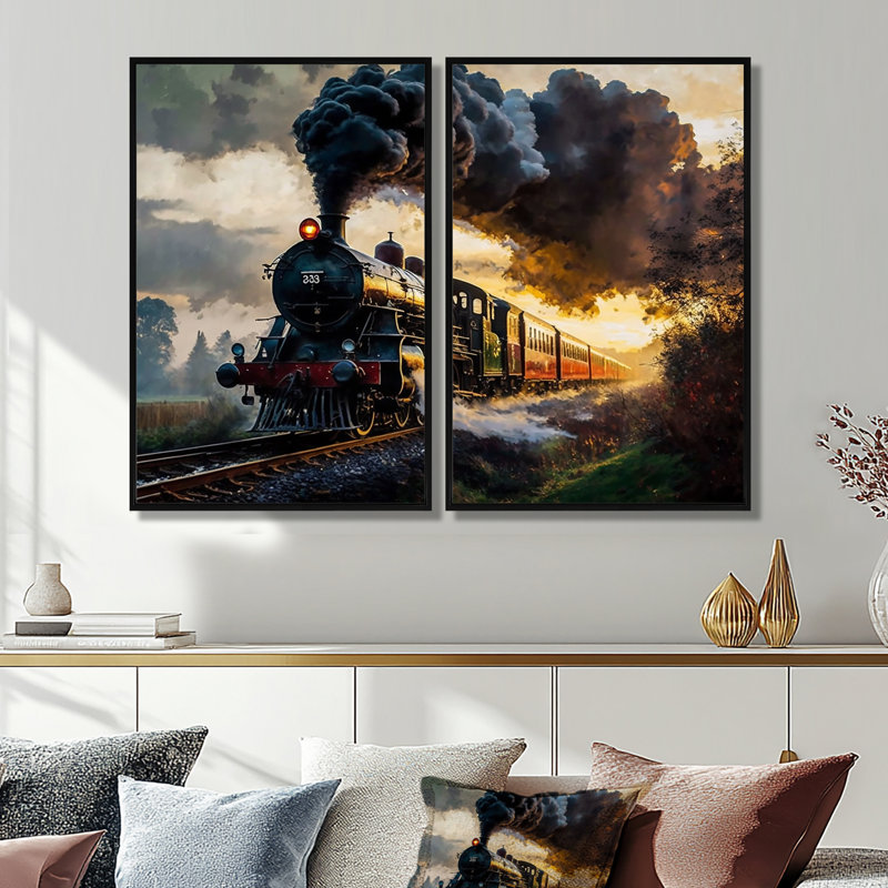 Old Train In USA - Modernes, 2 pièces, impressions sur toile, 36" H x 48" W, Impression encadrée flottante, Black