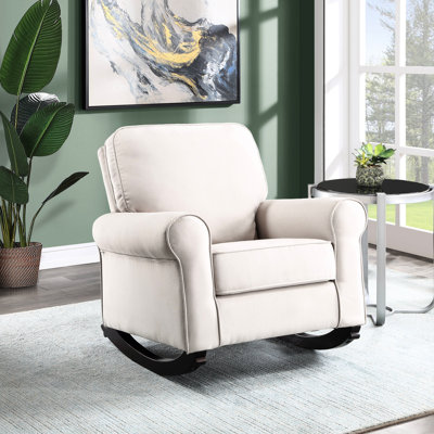 Chaise berçante en tissu beige, style, siège à ressorts ensachés, pieds en bois, largeur, profondeur, hauteur, dossier avec accoudoirs, capacité de poids, longueur de la chaise de couloir en tissu, siège, coussin lâche et serré,