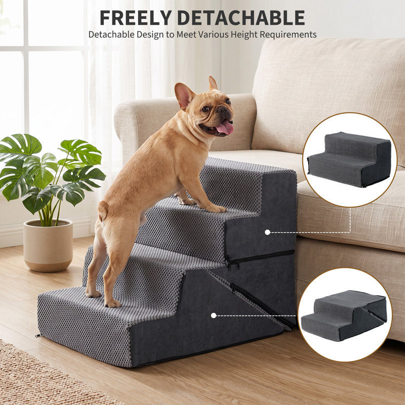 Ensemble d'escalier pour animaux de compagnie convertible 3 en 1, comprenant 4 marches en mousse, une rampe et un lit pour animaux, un revêtement en polyester doux, idéal pour les chiens âgés, blessés ou de petite taille, gris.