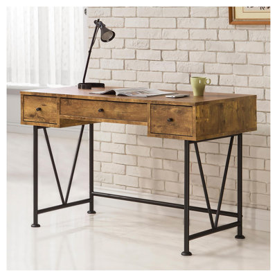 Bureau à trois tiroirs en noyer antique et noir avec piètement en H de style industriel
