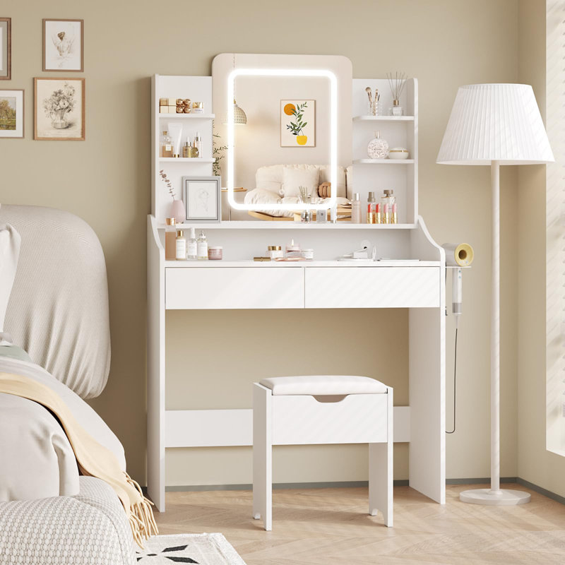 Vanity Desk With Led Mirror & Power Outlet