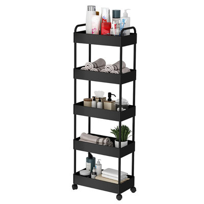 Slim 5-Tier Rolling Storage Trolley Cart with Handle – Narrow Plastic Utility Shelf Unit – Space-Saving Mobile Organizer for Kitchen, Bathroom, Laundry, or Bedroom – 41x21x121cm – Black