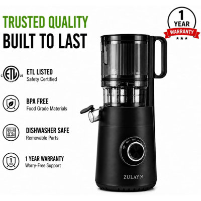 Zulay Kitchen Cold Press Juicer 5" Wide Chute, 50 Rpm Slow Masticating Juicer For Less Oxidation Patented For High Juice Yield, 4-part Filtration, Stainless Steel Blades For Whole Fruits & Vegetables - Black