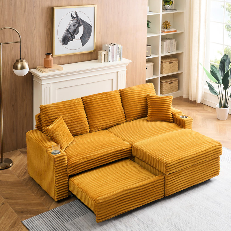 Velours côtelé orange de 80 po avec inclinaison coulissante, conception peu encombrante, porte-gobelets, repose-pieds amovible, 2 sièges, look moderne, processus d'assemblage facile, économie cachée, toucher doux, rapide