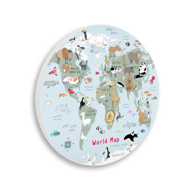 Carte du monde pour enfants en plaque murale grise, design par Carla Daly
