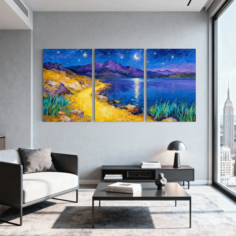 Abstrait ciel nocturne montagne lac rivage étoiles lune reflets herbe ensemble de 3 impressions d'art sur toile