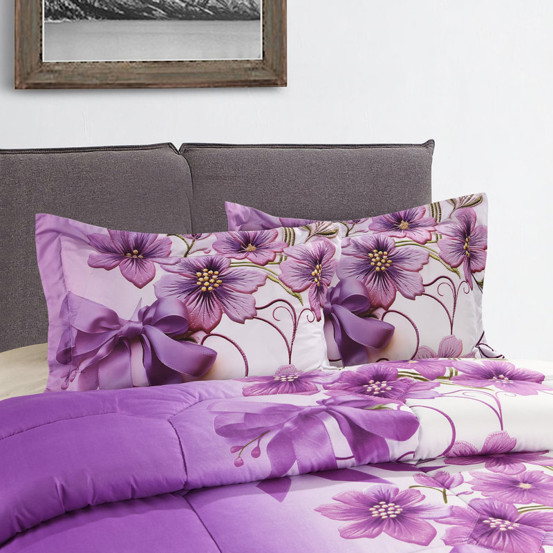 Printed Bedspreads 3 Piece Trendy Purple Comforter Bed Throw with Matching Pillow Shams, Single Bedspread + 2 Standard Shams