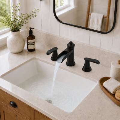Waterfall 8 In. Widespread Double-Handle Bathroom Faucet Set 3-Holes Vanity Sink With Metal Drain 