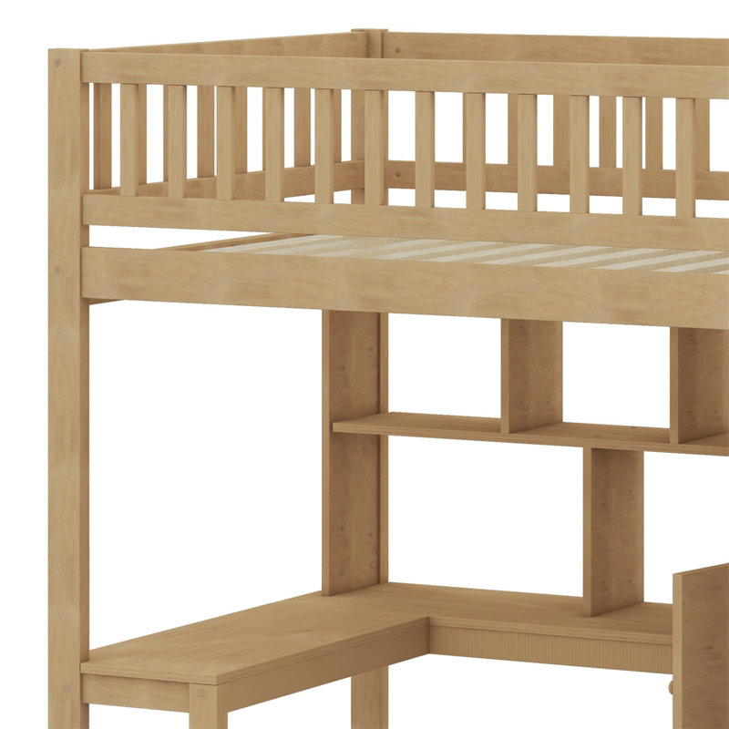 Lit mezzanine en bois avec bureau intégré, DEL, tablettes de rangement, armoires et escalier, Noyer