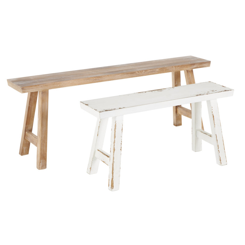 Brunhild Wood Slim Distressed Brown Bench with Smaller White Bench Set
