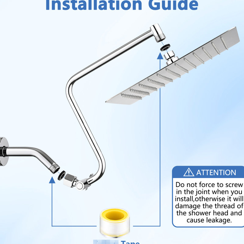 12" Stainless Steel Shower Head With Adjustable Arm - Corrosion , 144 Nozzles, Bathroom Fixture 12 Inch Stable Steel, Full Body Showering, Fits 1/2" Threads