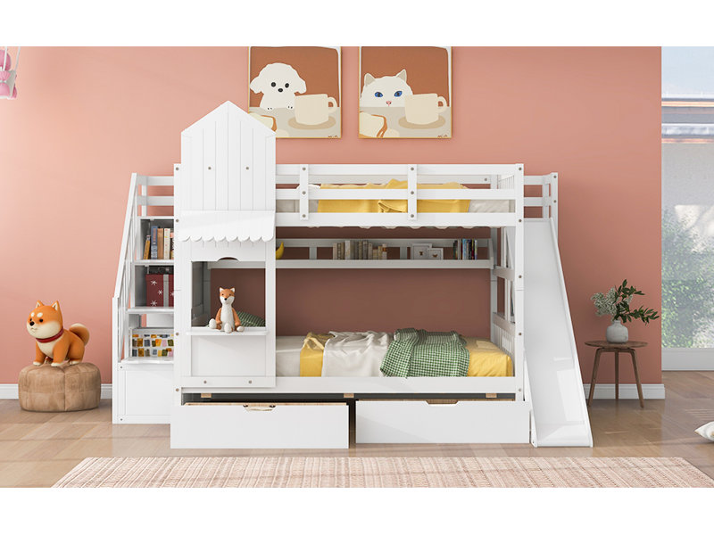 Full-Over-Full Castle Style Bunk Bed With 2 Drawers 3 Shelves And Slide - White, White,  Full over Full