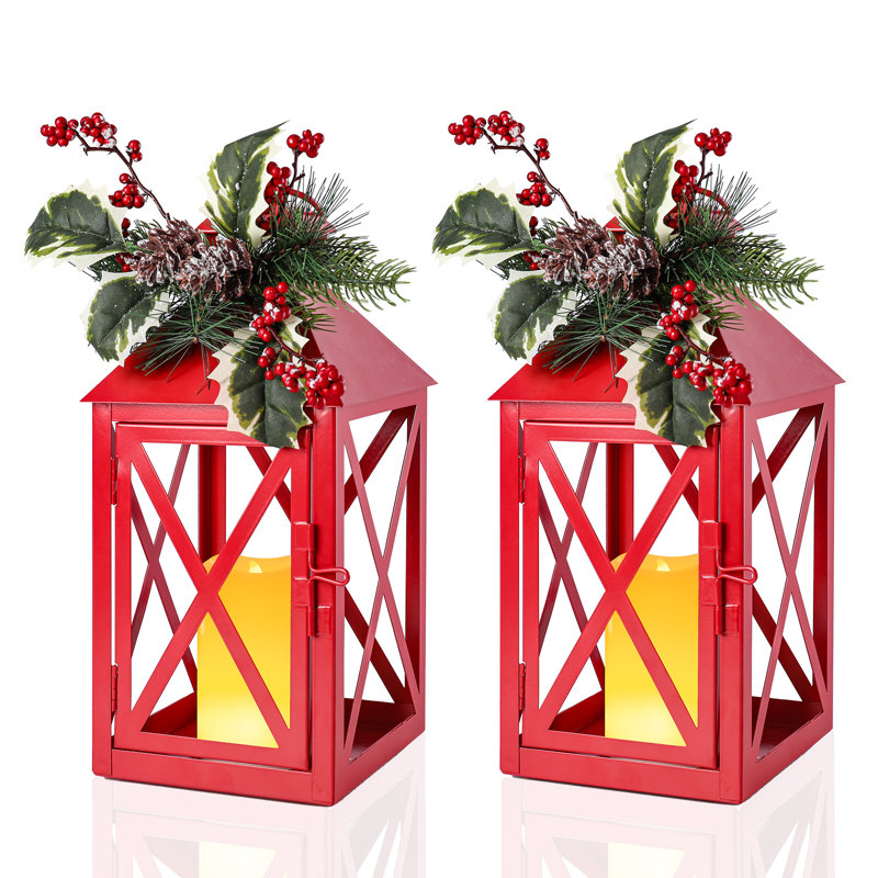 Paquet de 2 lanternes de Noël rouges avec bougie DEL sans flamme scintillante et verdure des Fêtes, lanternes en métal, décoration de Noël, décoration intérieure